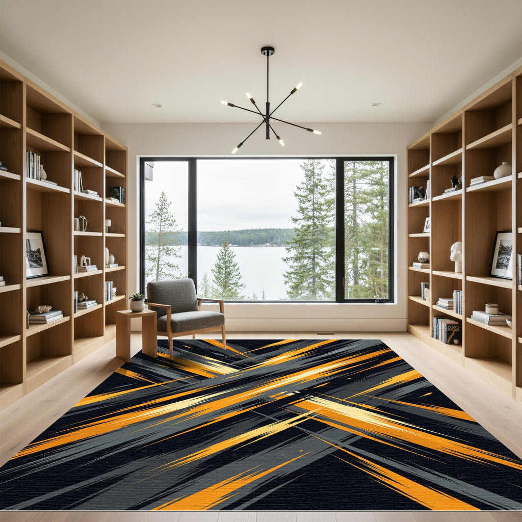 Abstract Amber and Charcoal Slash Texture Rug