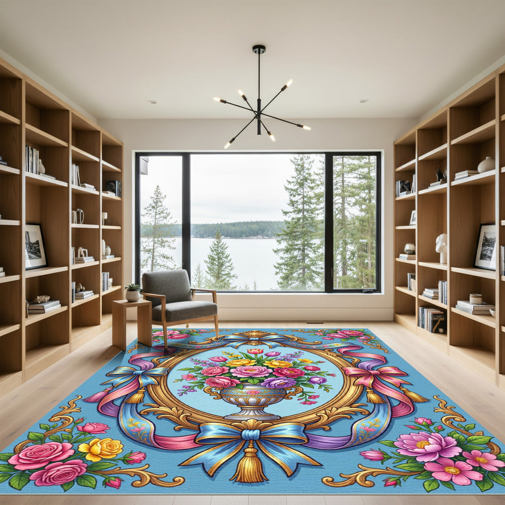 Elegant Floral Bouquet with Golden Frame Rug
