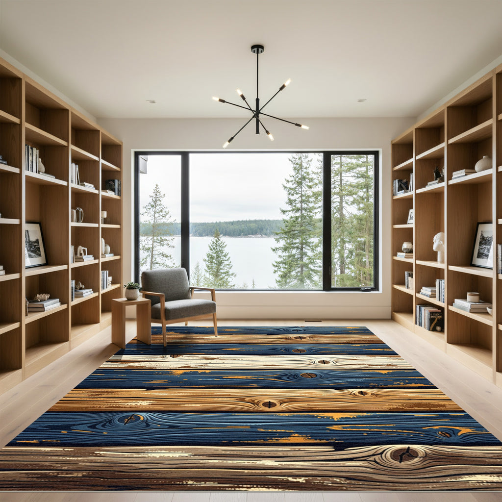 Rustic Navy and Ochre Wood Plank Rug