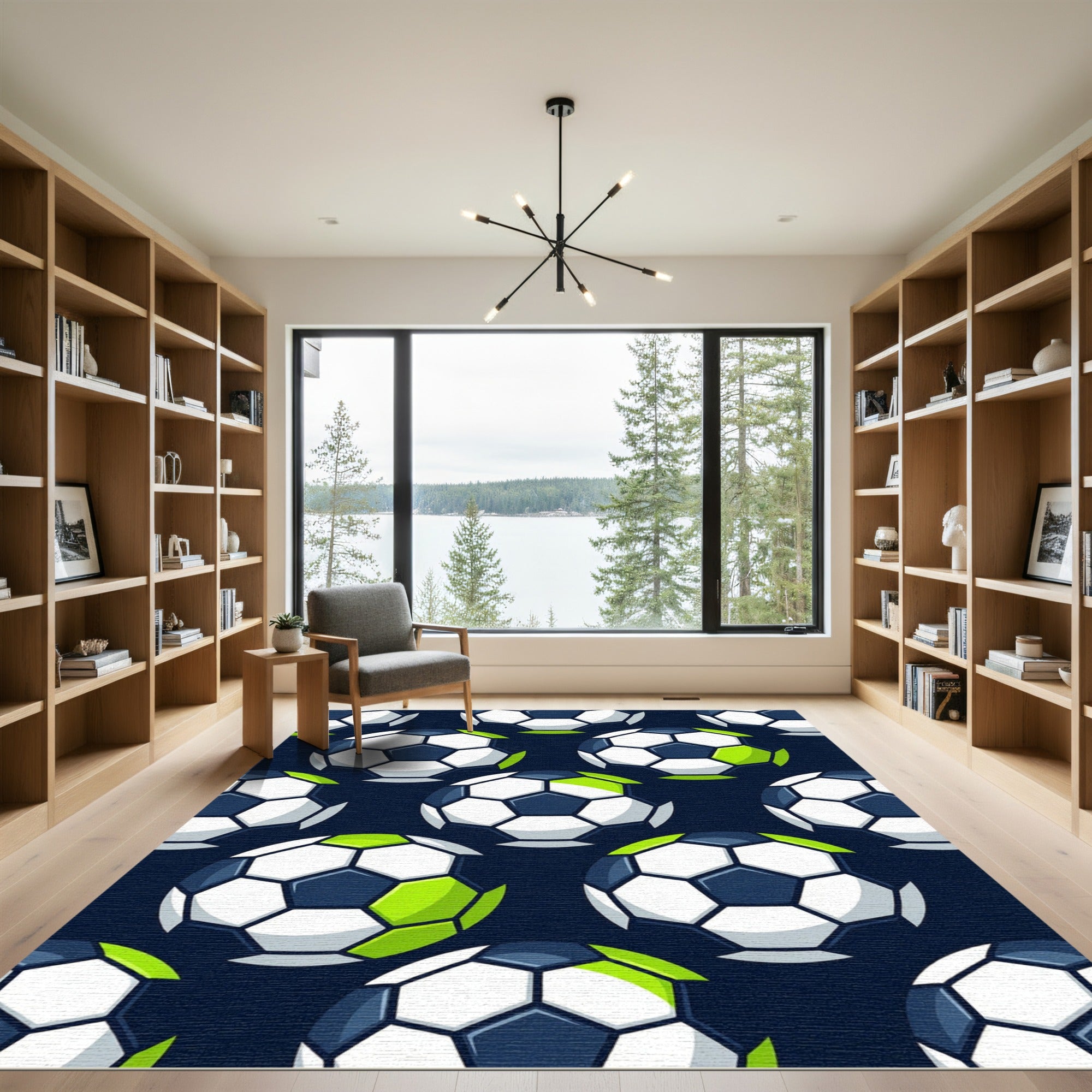 Graphic Soccer Ball Hexagon Navy Lime Rug