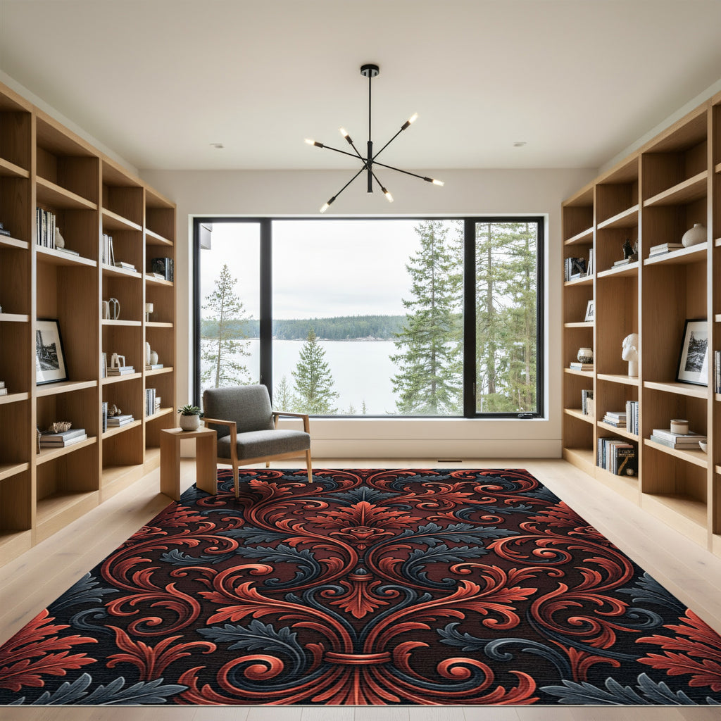 Elegant Crimson Gray Ornate Leaf Foliage Rug