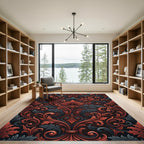 Elegant Crimson Gray Ornate Leaf Foliage Rug