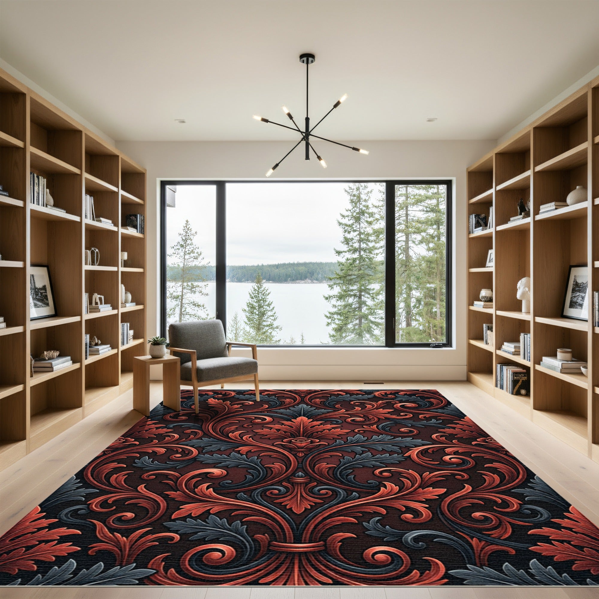 Elegant Crimson Gray Ornate Leaf Foliage Rug