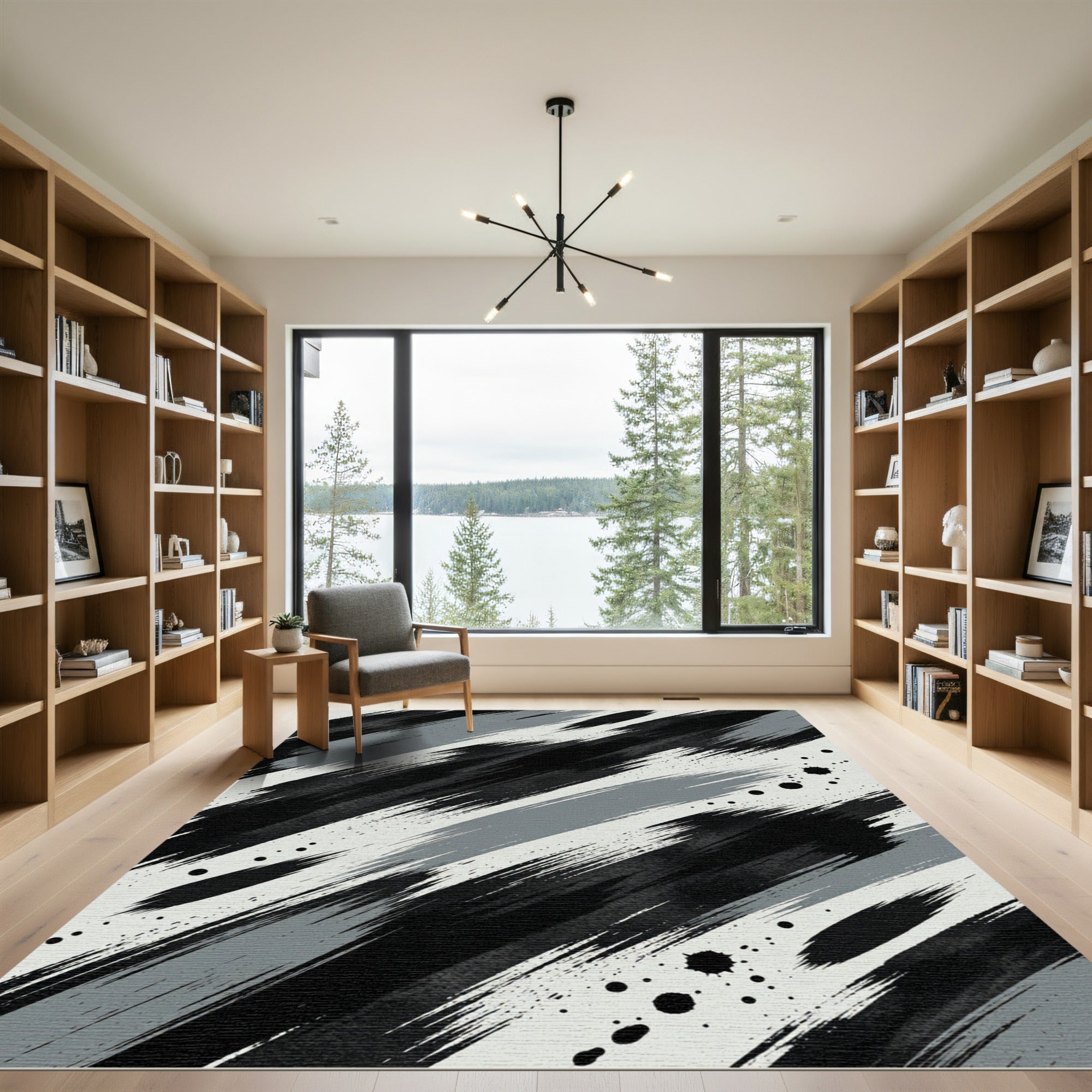 Monochrome Abstract Diagonal Brushstroke Art Rug