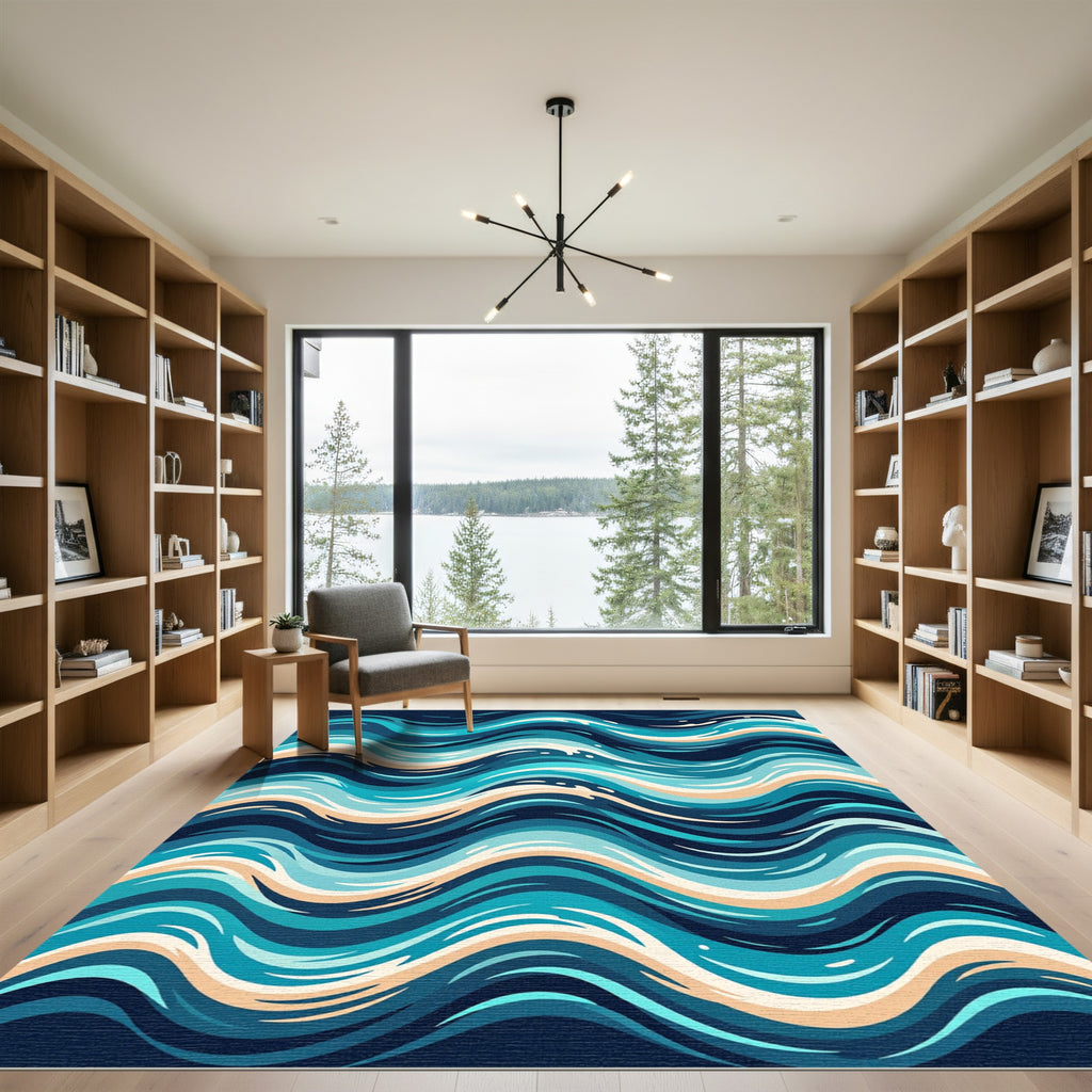 Abstract Oceanic Waves in Cyan and Navy Rug