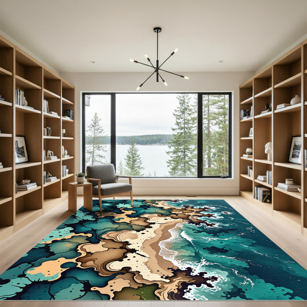 Abstract Coastal Flowing Teal Sand Rug