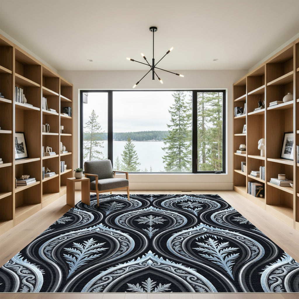 Silver Icy Snowflake Damask Black Wallpaper Rug