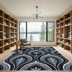 Silver Icy Snowflake Damask Black Wallpaper Rug