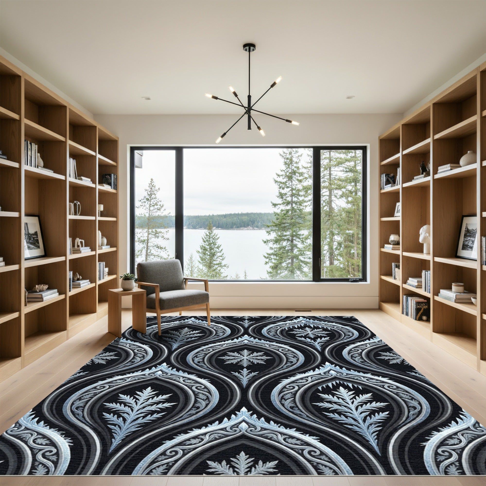 Silver Icy Snowflake Damask Black Wallpaper Rug