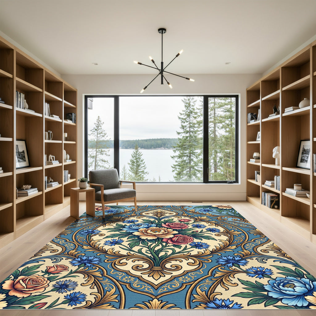 Damask Blue Floral Medallion Rug