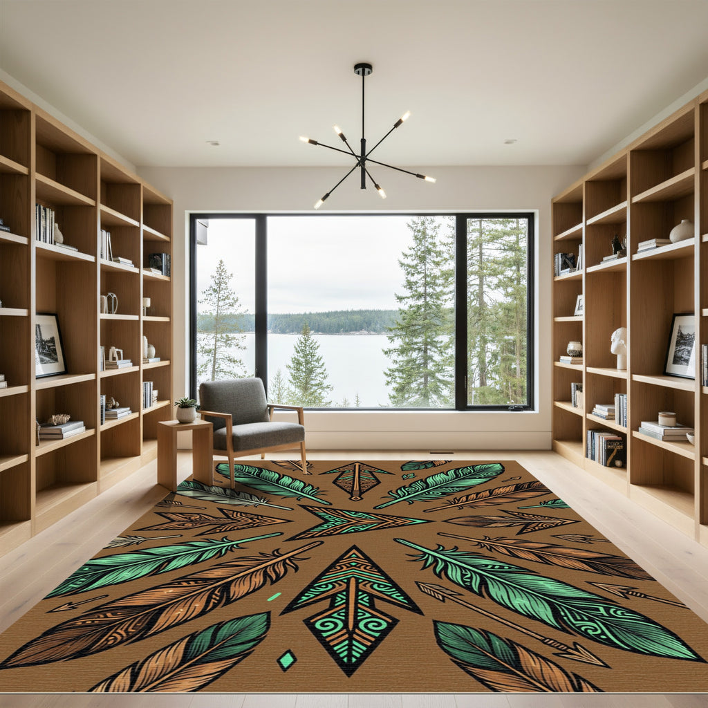 Earthy Teal Feather Arrow Geometric Rug