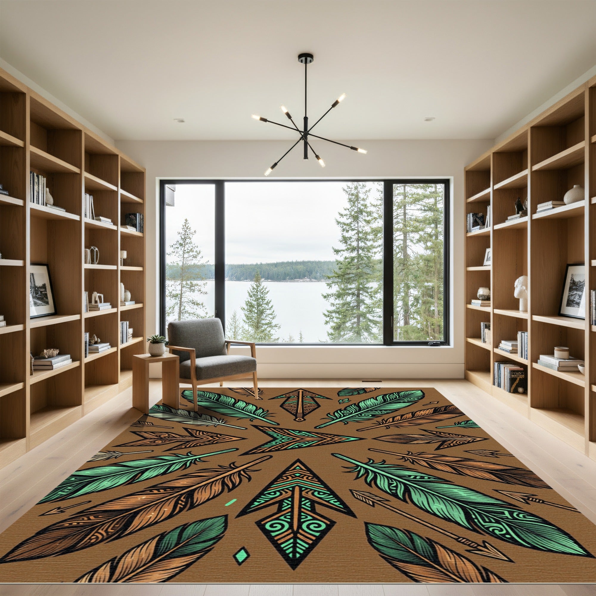 Earthy Teal Feather Arrow Geometric Rug