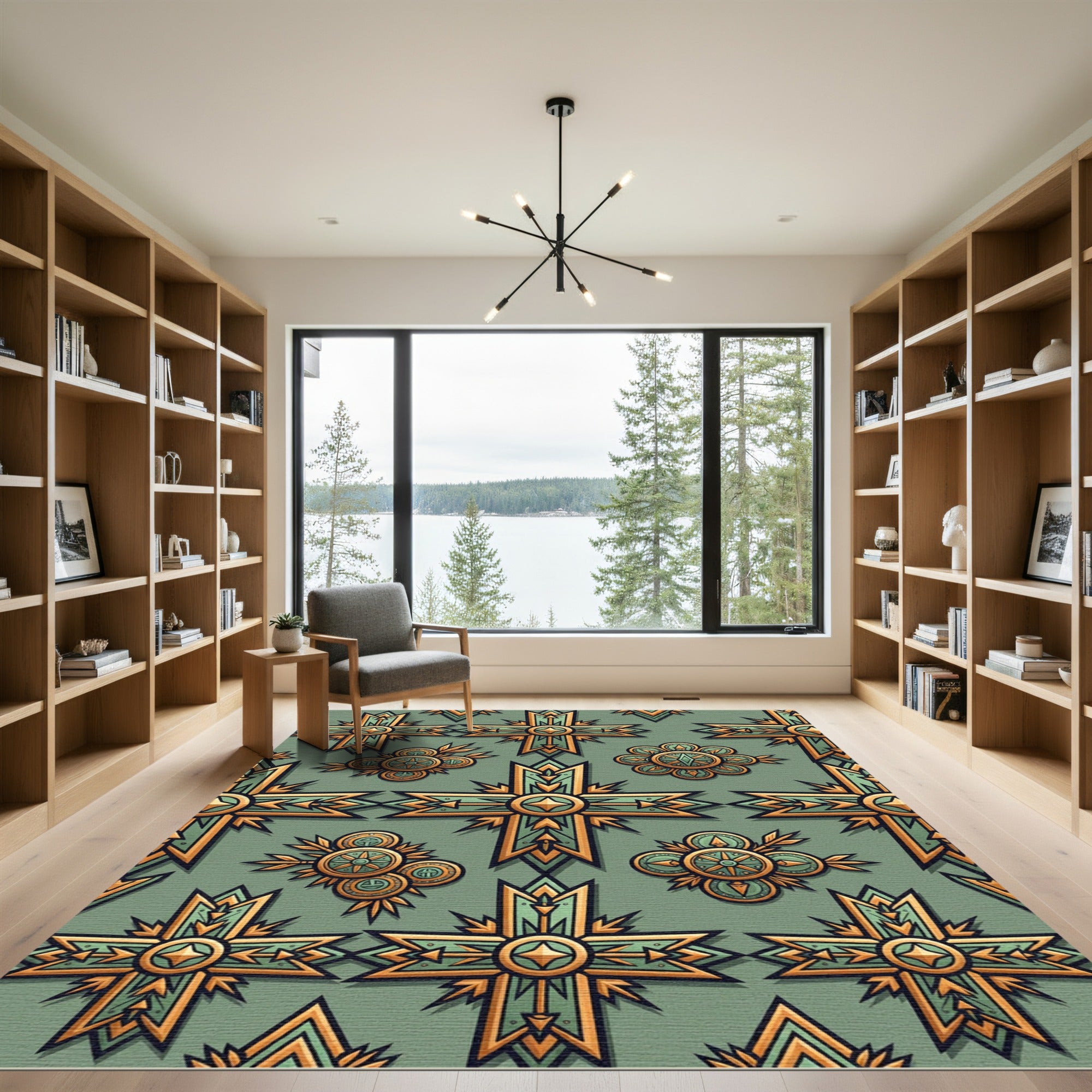 Sage Green Ornate Cross Geometric Tile Rug