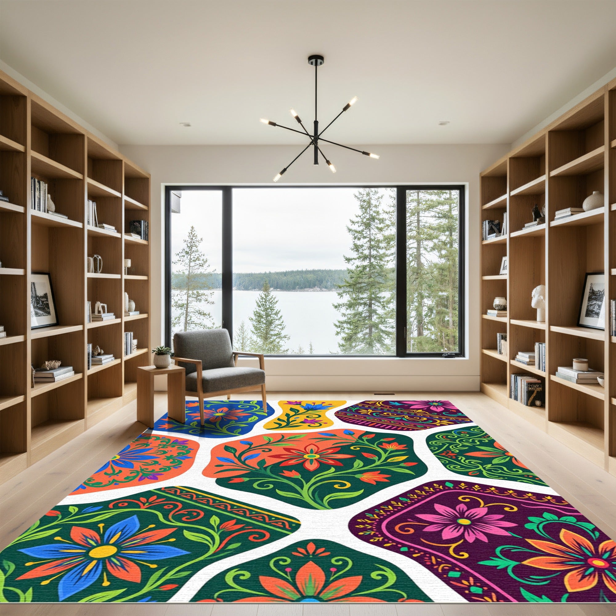 Vibrant Floral Medallion Folk Elements Rug