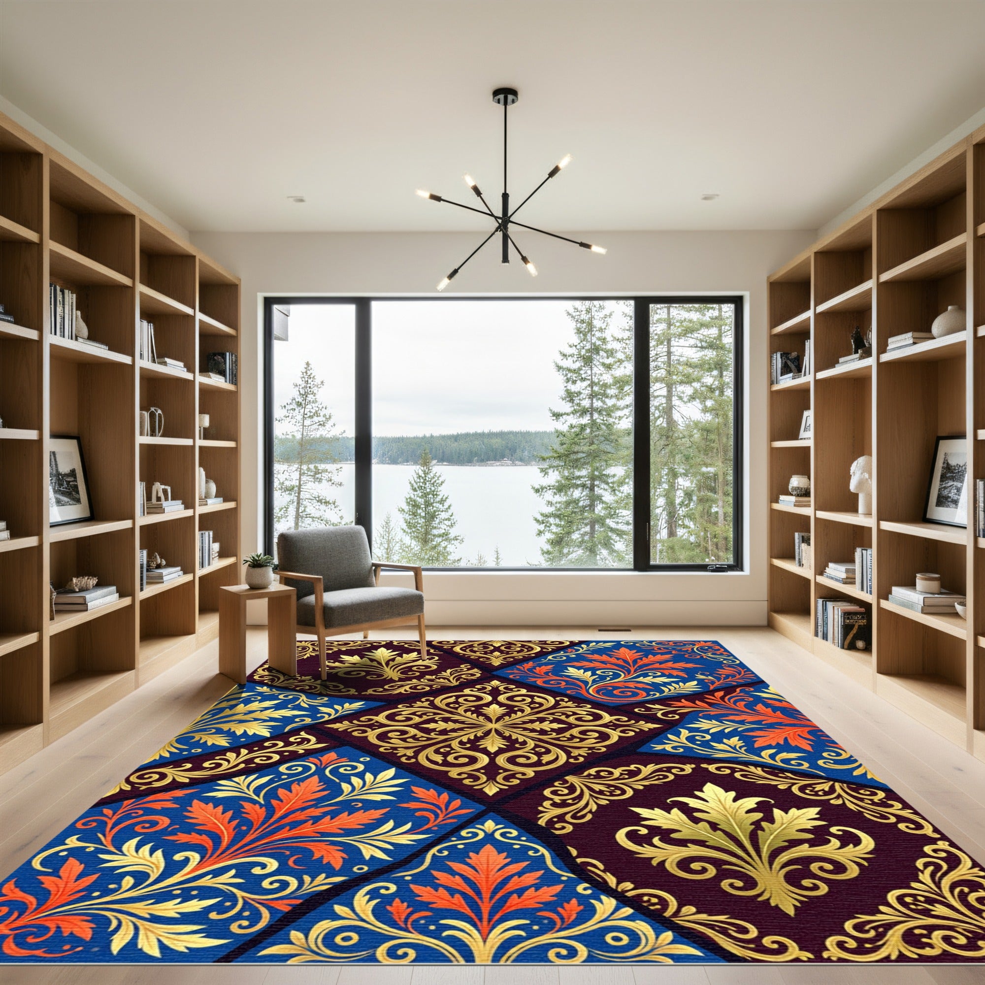 Ornate Gold Blue Orange Floral Patchwork Rug