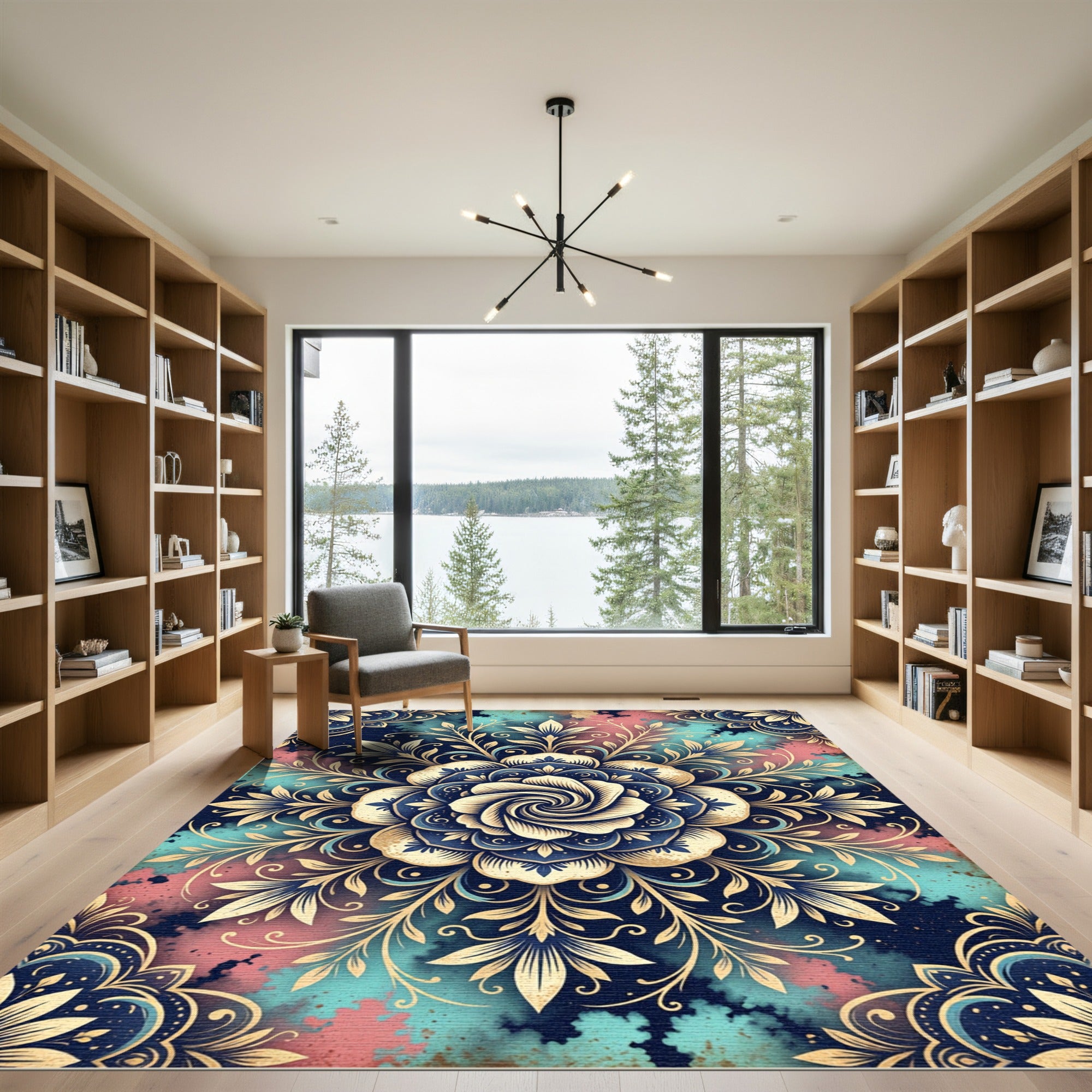 Celestial Golden Floral Mandala Watercolor Rug