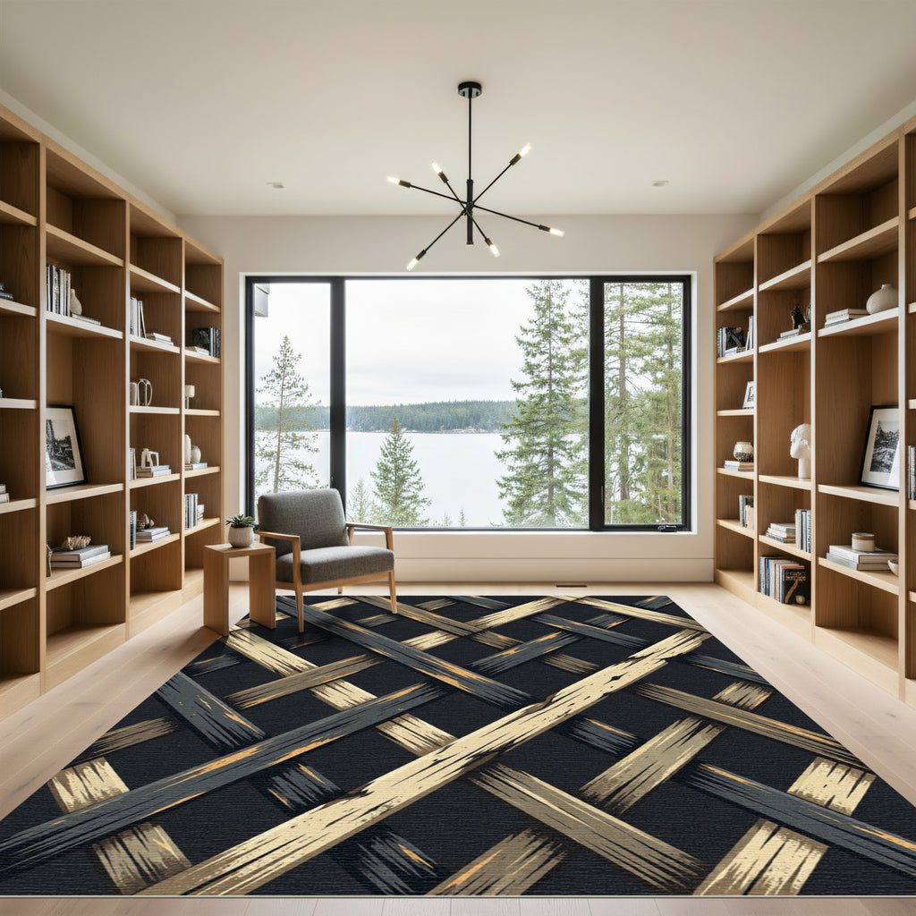 Black and Gold Woven Grid Rug