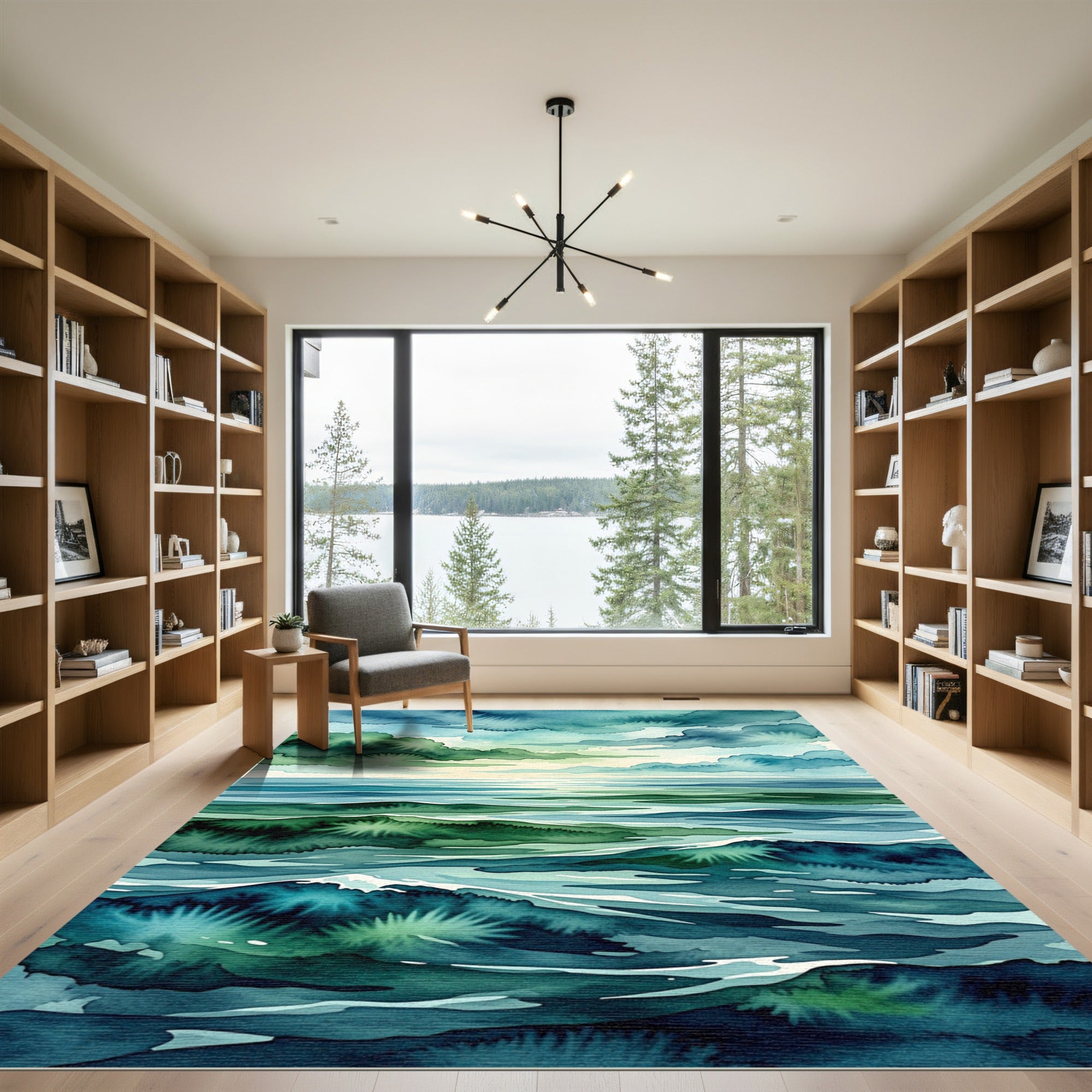Abstract Teal Ocean Wave Watercolor Rug