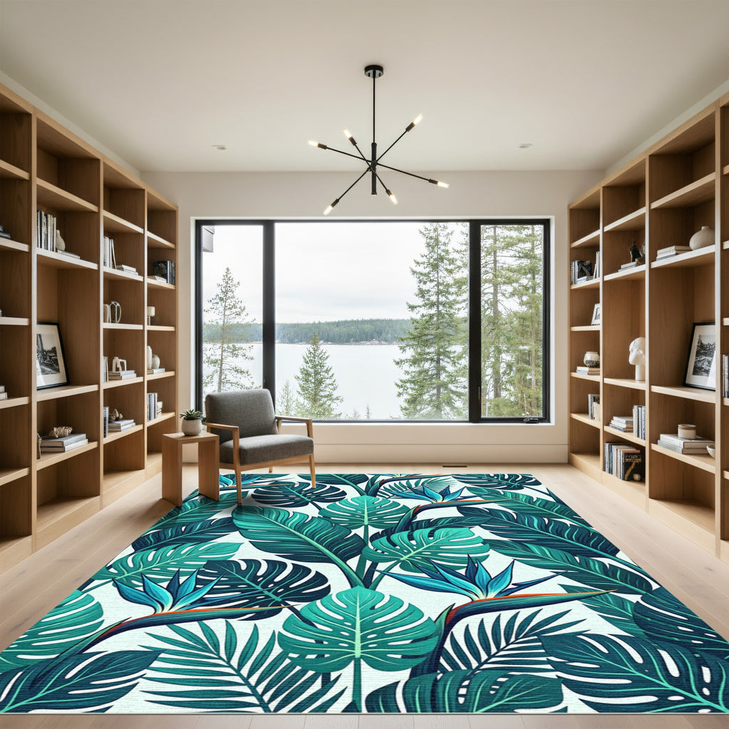 Vibrant Tropical Leaf Bird of Paradise Rug