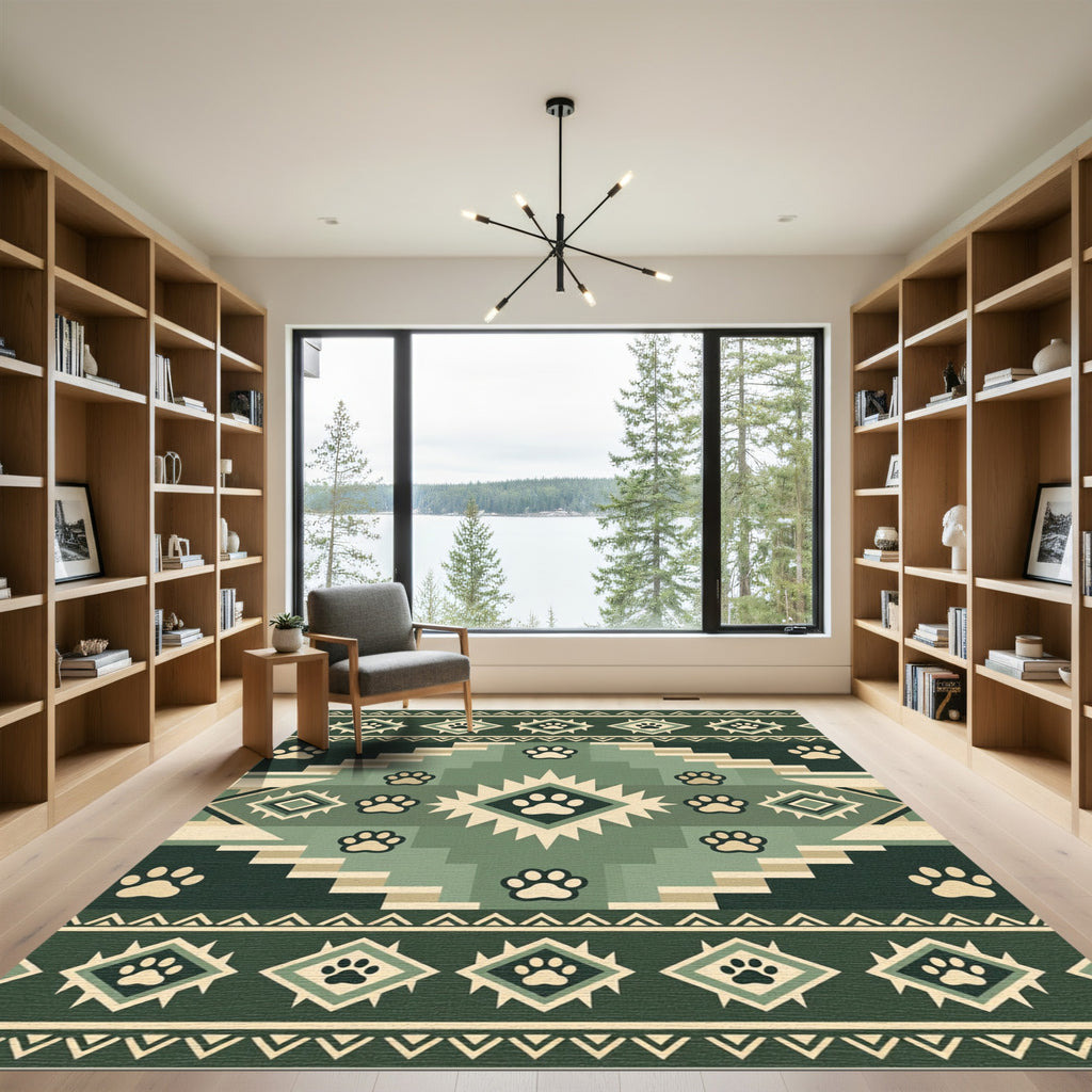 Sage Green Geometric Paw Boho Rug