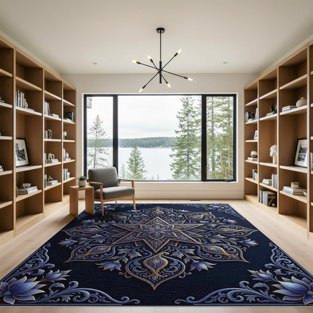 Ornate Blue and Gold Floral Mandala Rug