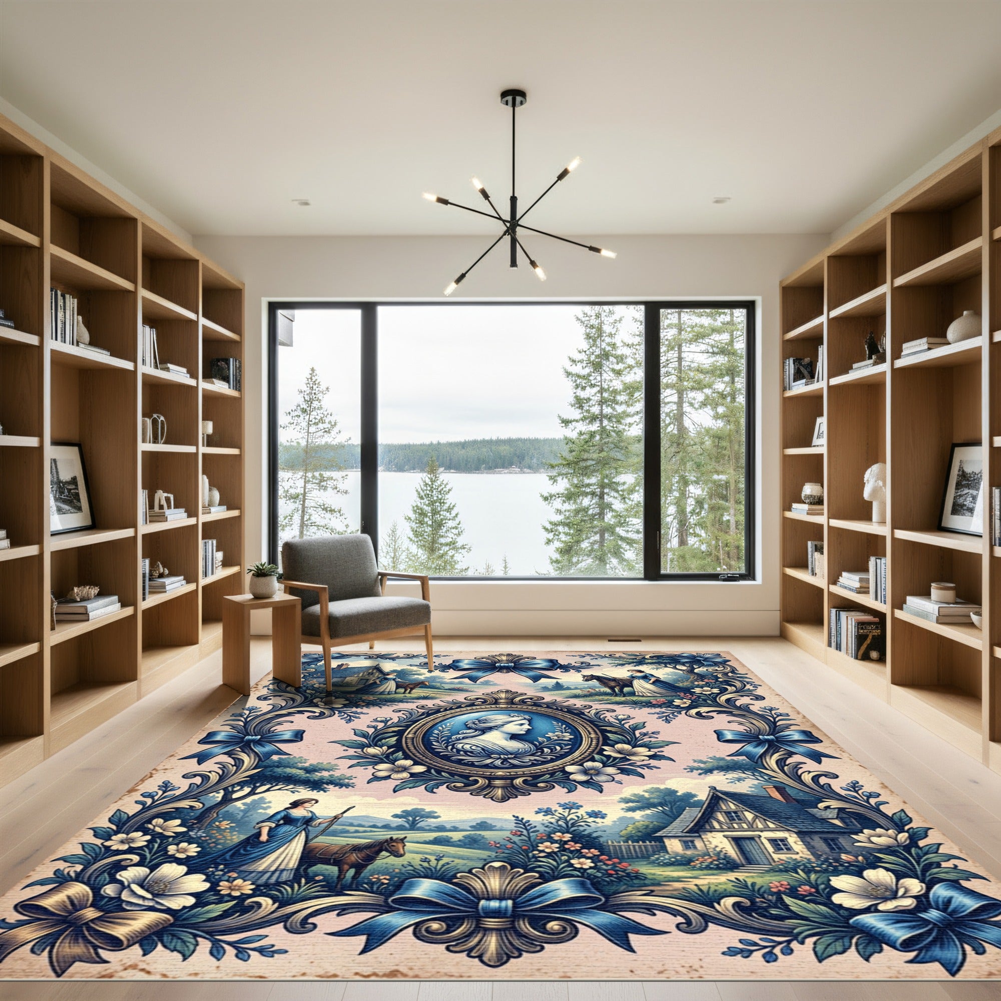 Colonial Blue Floral Cameo Narrative Rug