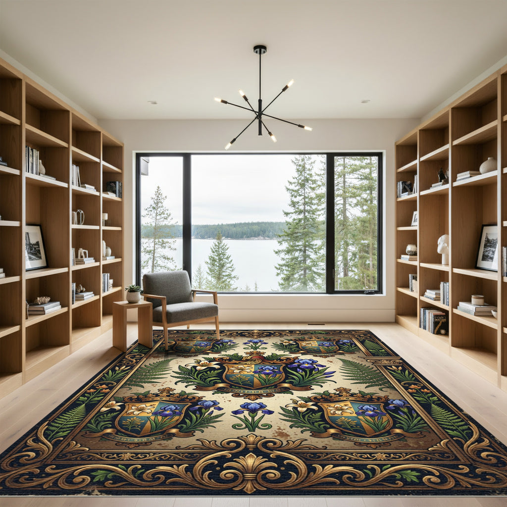 Ornate Heraldic Lily Blue Gold Crest Rug