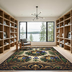 Ornate Heraldic Lily Blue Gold Crest Rug