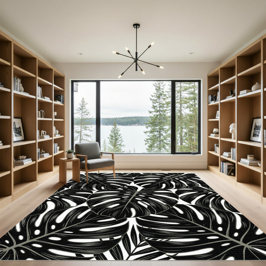 Dramatic Black Tropical Leaf Collage Rug