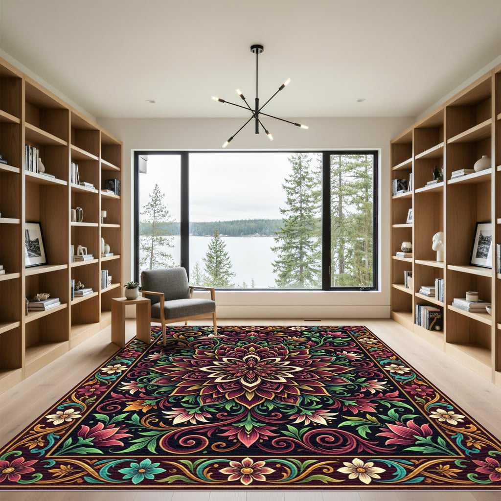Deep Crimson Floral Mandala Swirls Rug