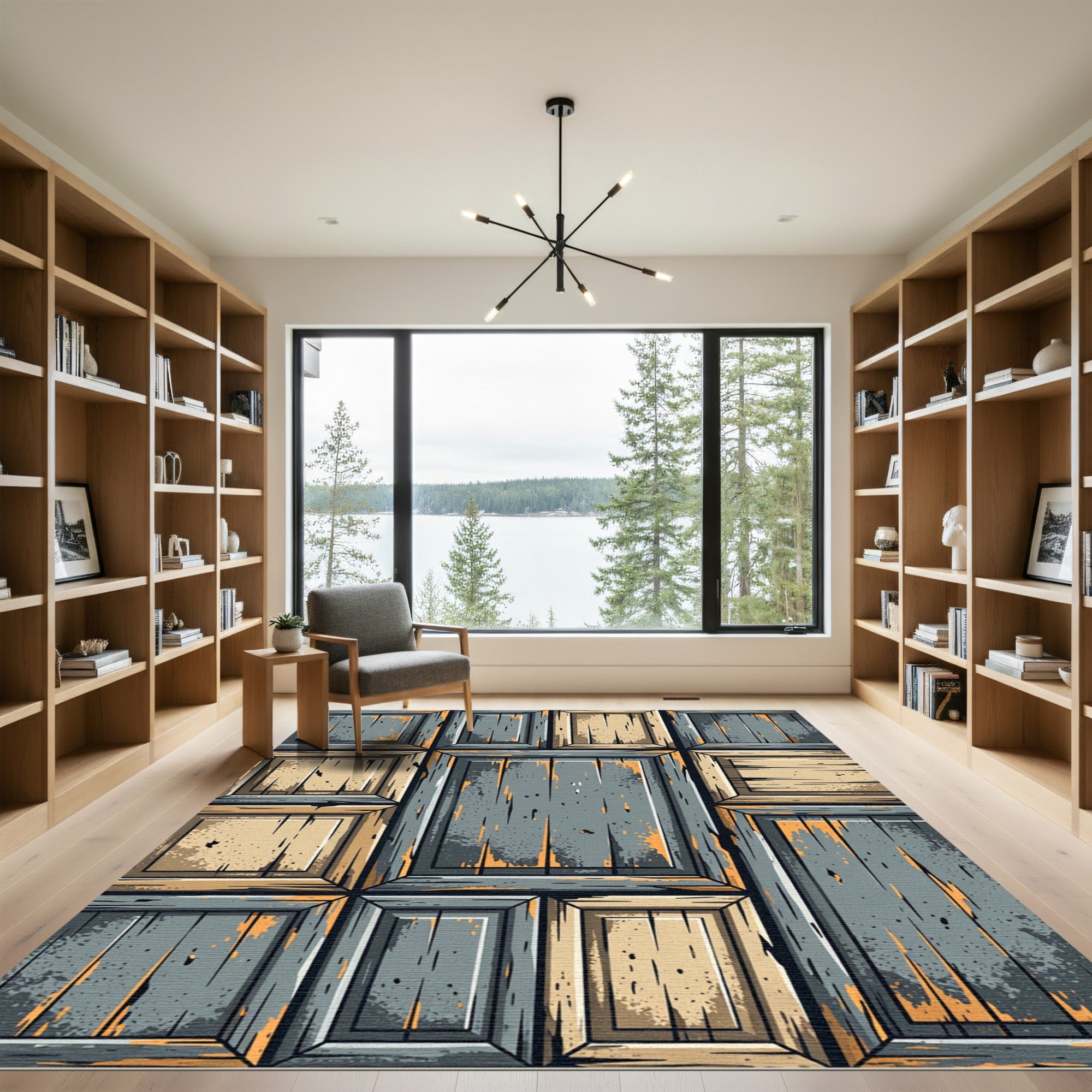 Weathered Wood Panel Grid Rug
