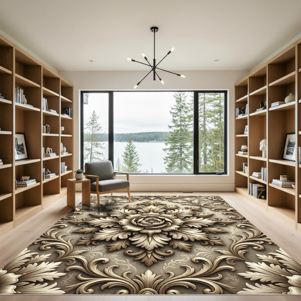 Elegant Champagne Floral Acanthus Medallion Rug