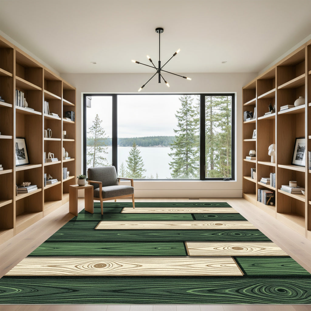 Emerald and Cream Wood Grain Plank Rug