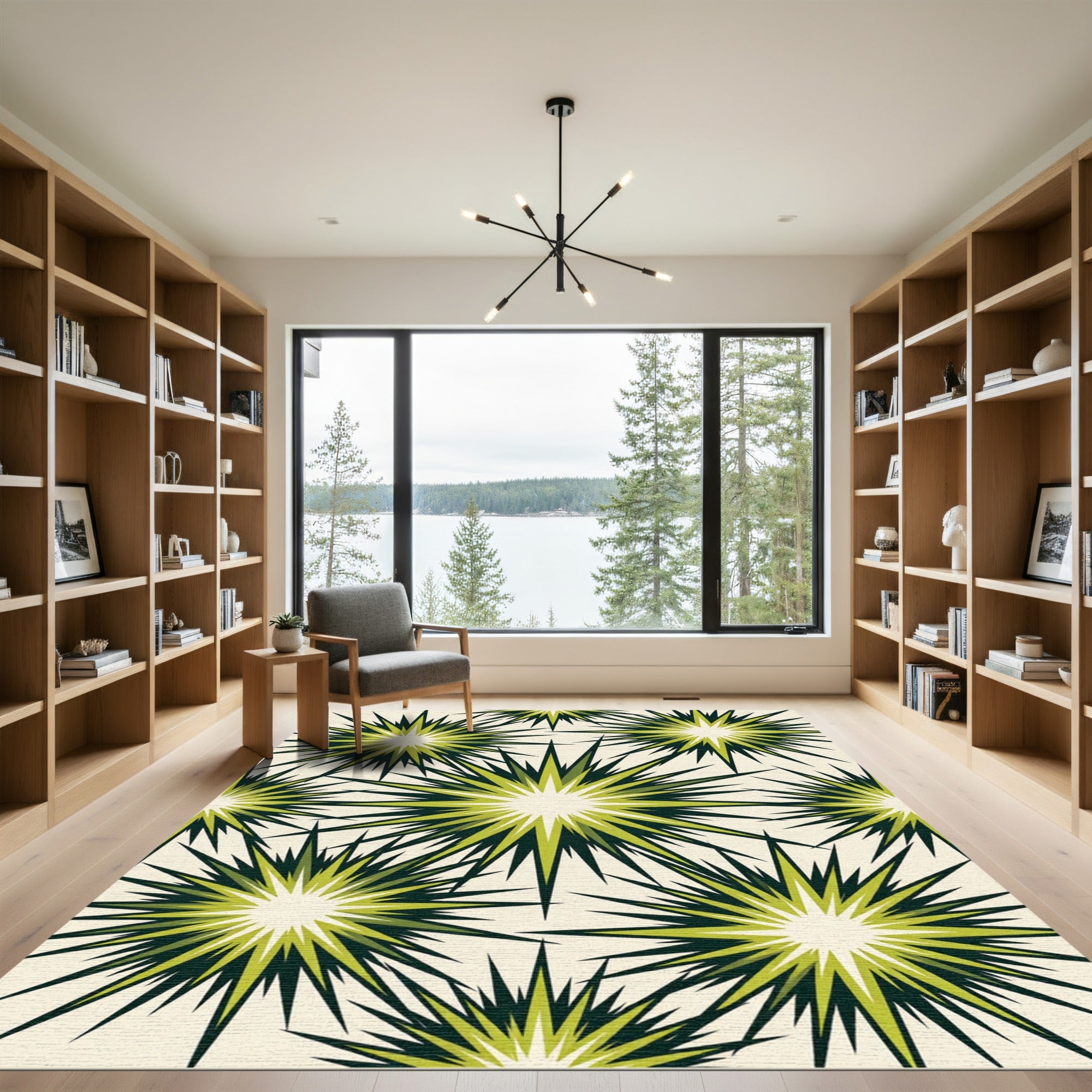 Mid-Century Olive Green Sunburst Rug