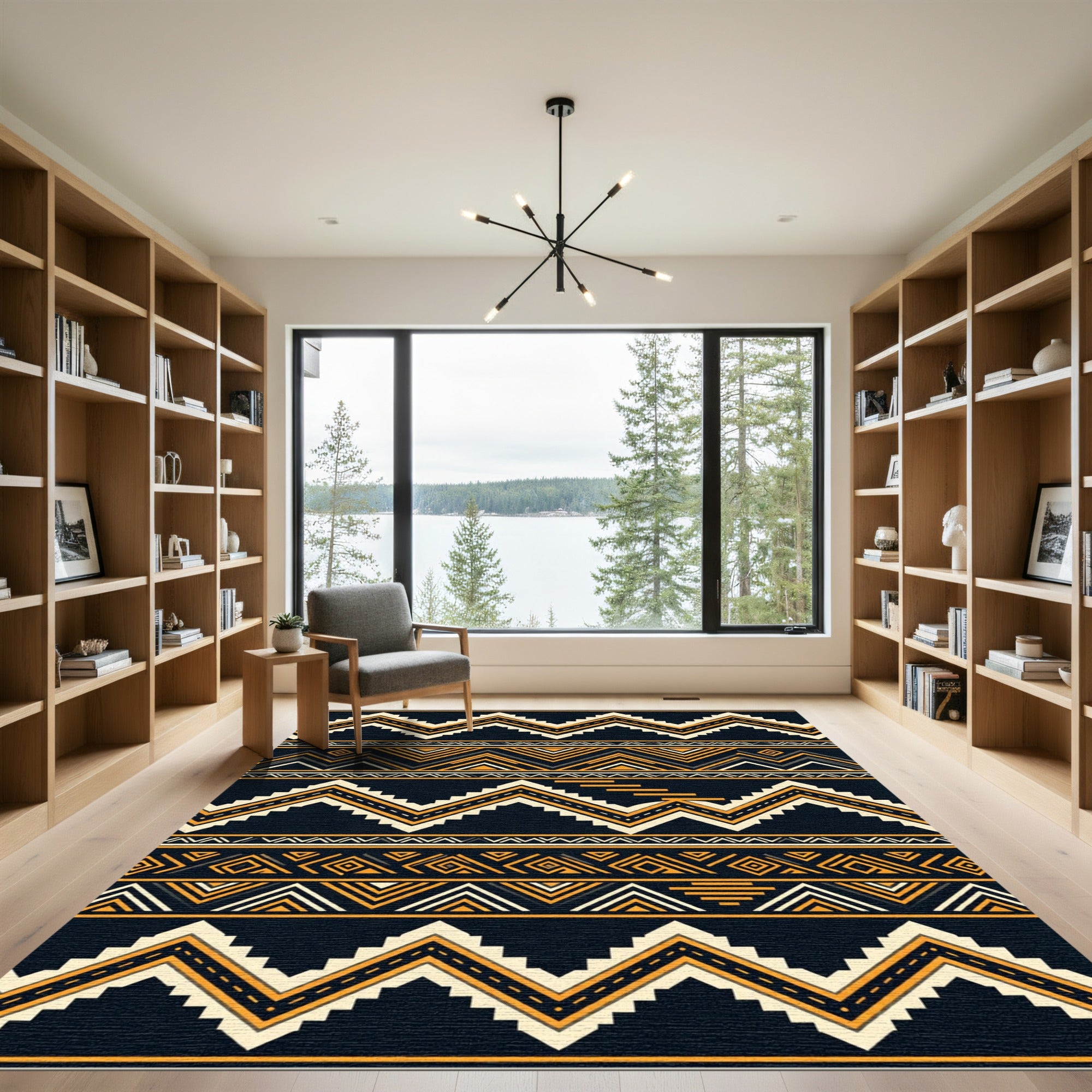 Dark Tribal Zigzag Geometric Lines Rug