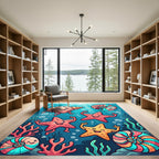Whimsical Colorful Underwater Sea Life Illustration Rug