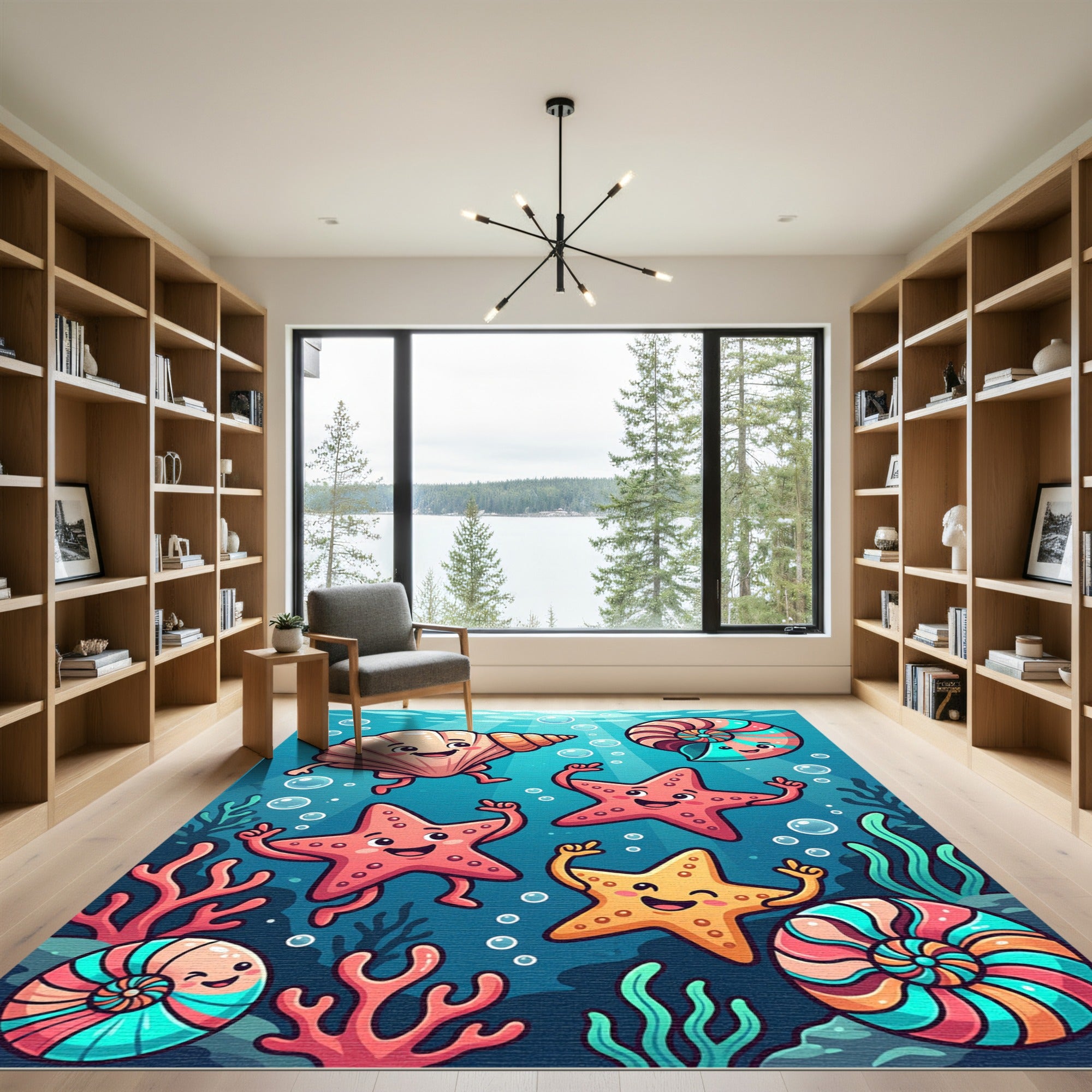 Whimsical Colorful Underwater Sea Life Illustration Rug