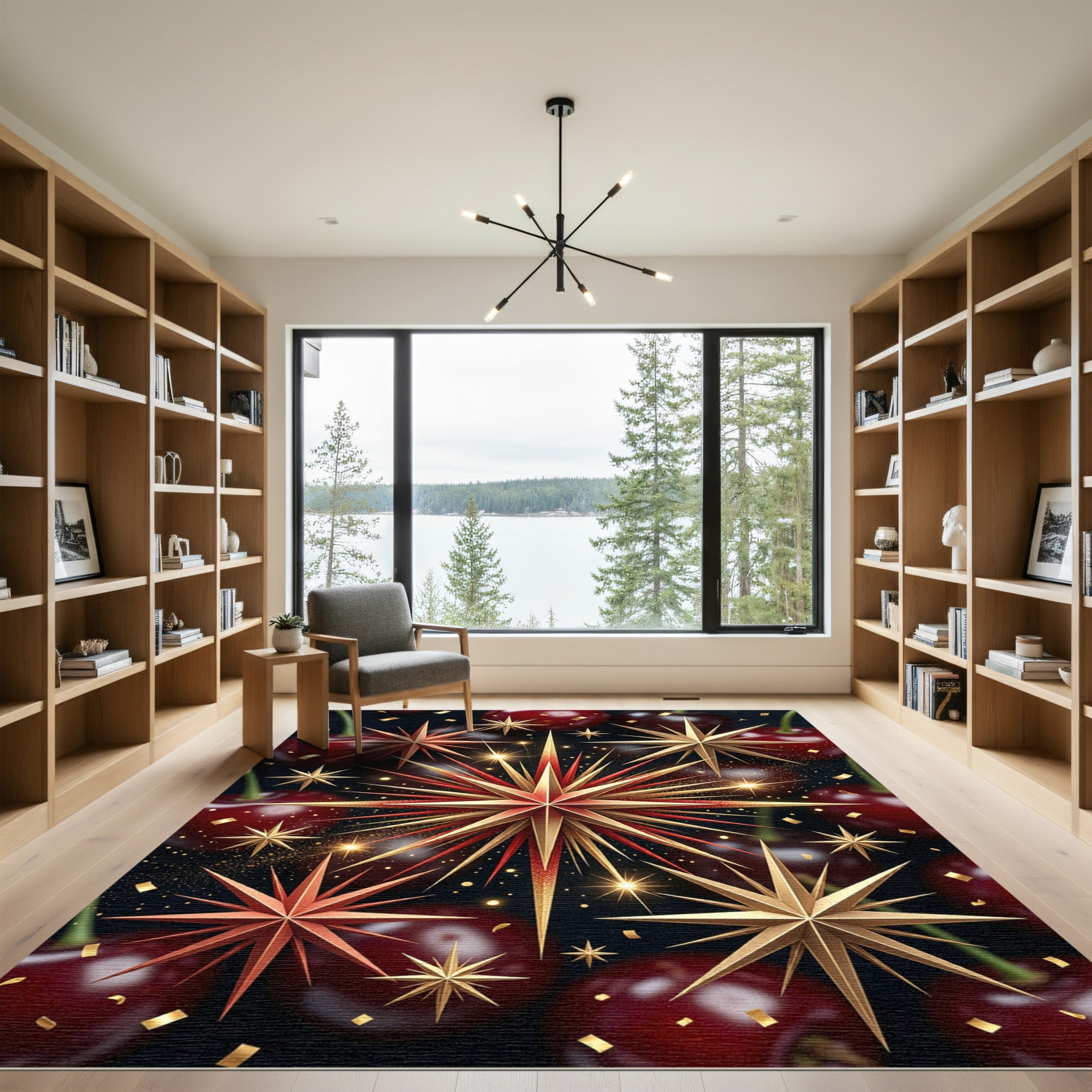 Festive Red Gold Star Cherries Rug