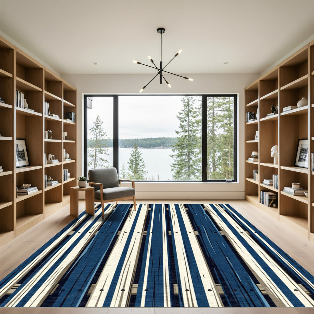 Modern Navy and Cream Vertical Plank Rug