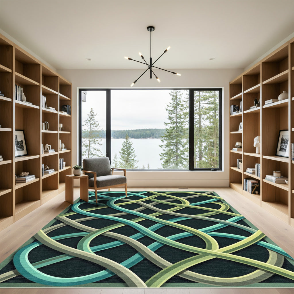 Modern Sage Teal Interlocking Ribbon Curve Rug