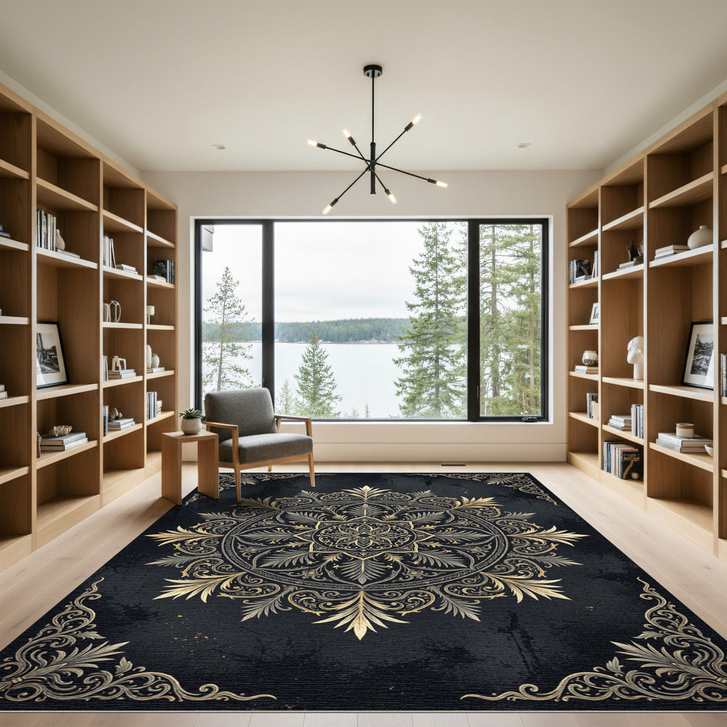 Ornate Golden Baroque Circular Medallion Rug