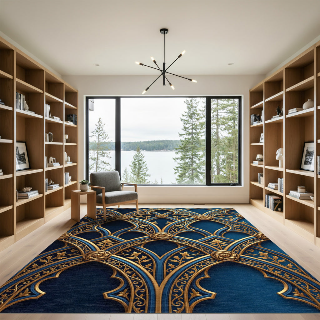 Gilded Navy Gothic Arch Filigree Rug