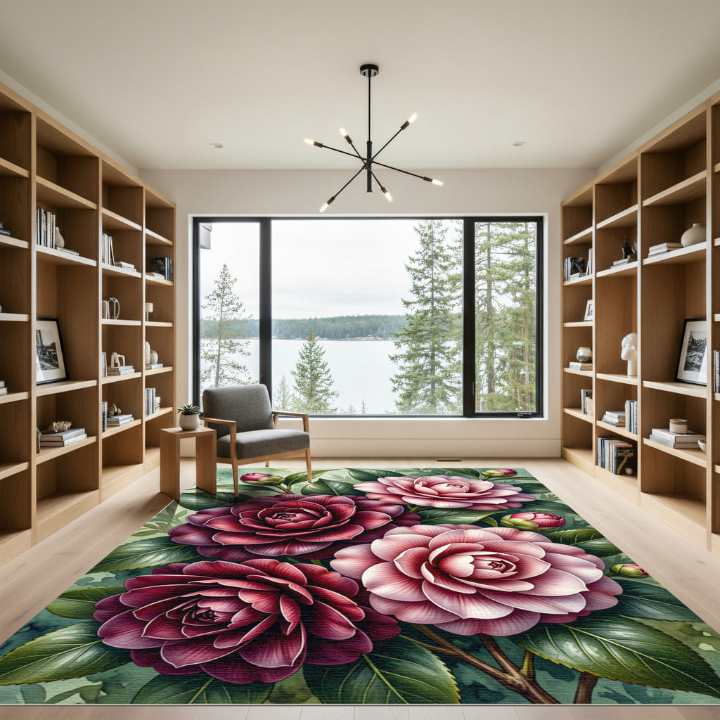 Crimson Pink Camellia Garden Watercolor Rug