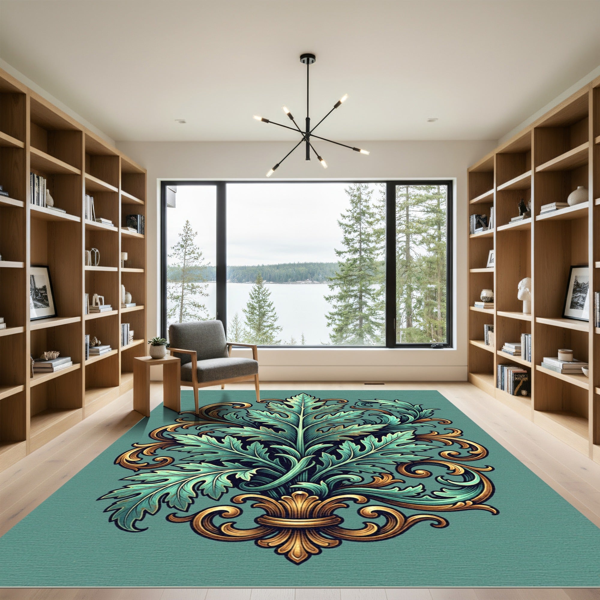 Elegant Teal and Gold Acanthus Filigree Rug