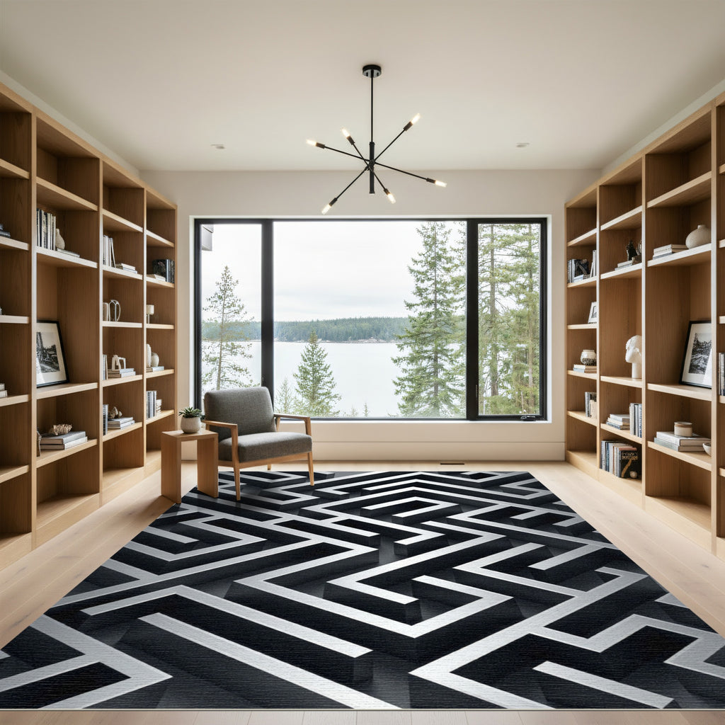 Monochromatic Silver Geometric Labyrinth Rug