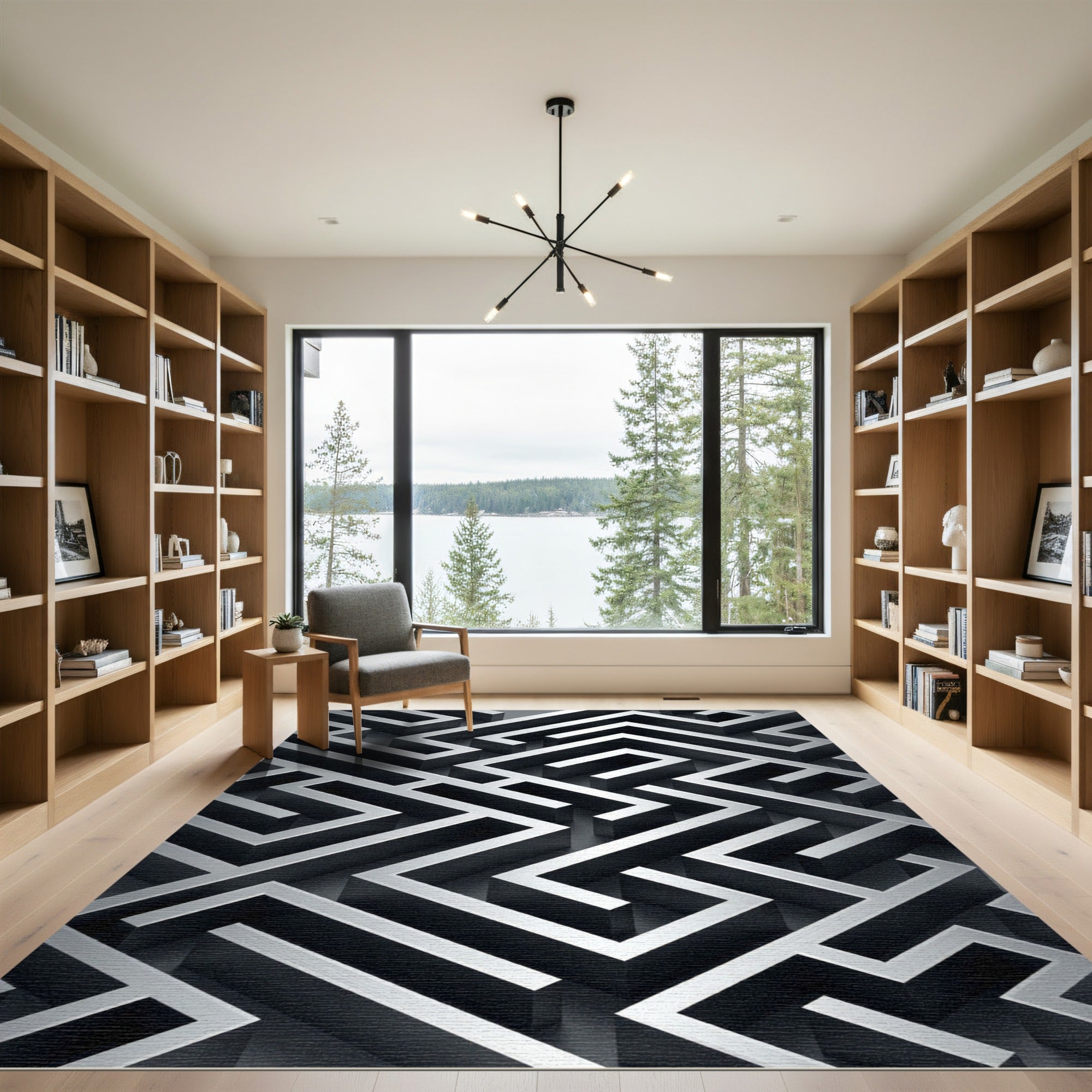 Monochromatic Silver Geometric Labyrinth Rug