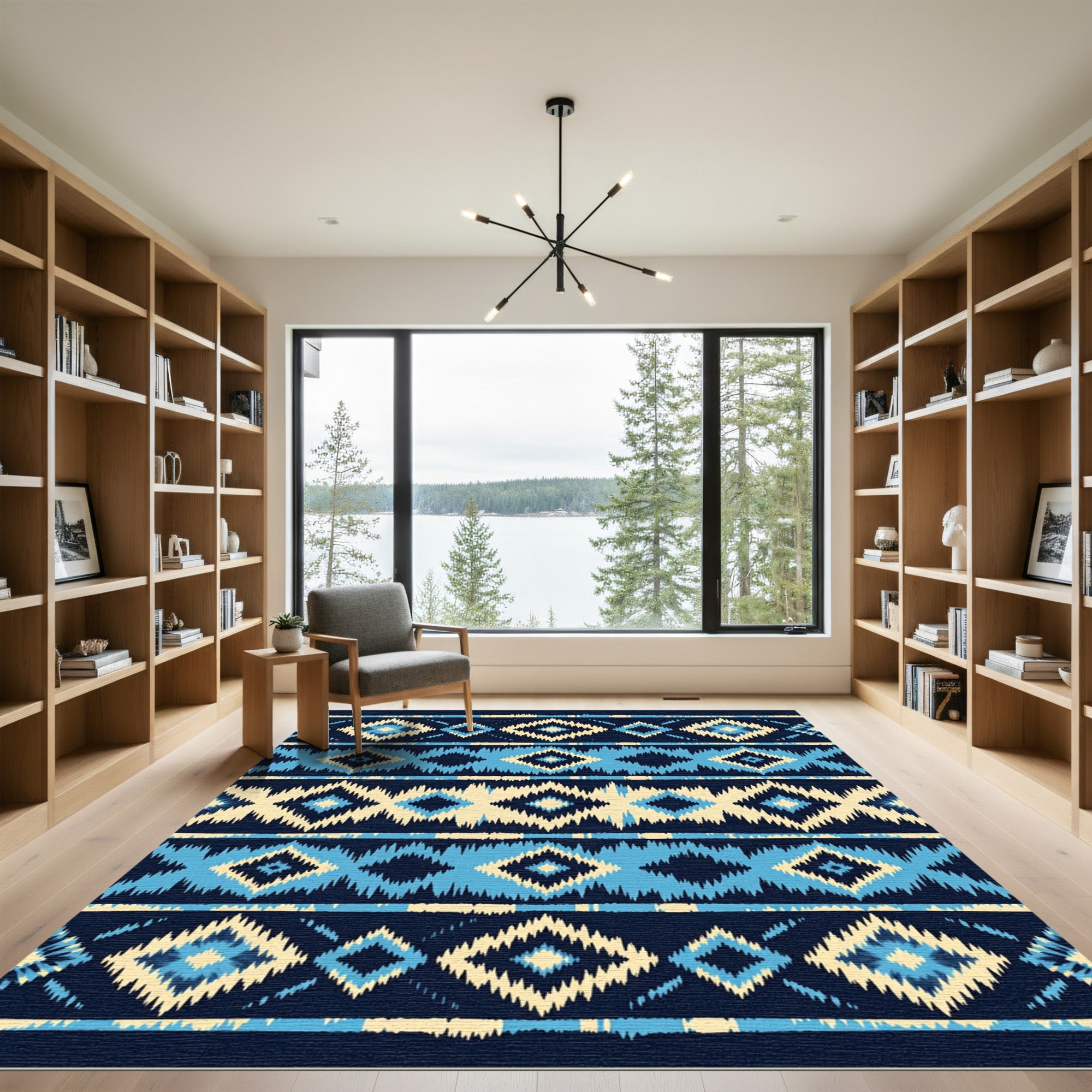Indigo Blue Ikat Tribal Diamond Stripe Rug