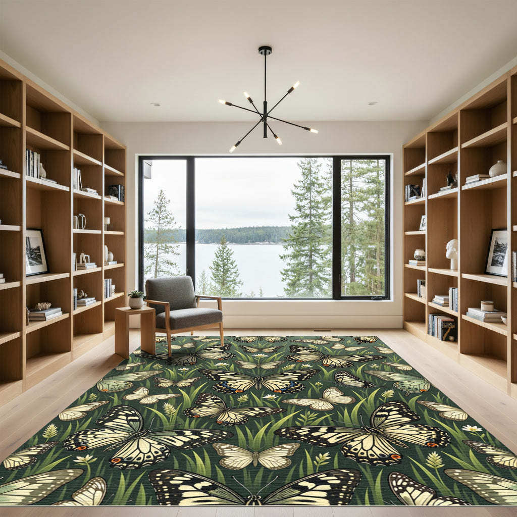 Whimsical Sage Green Butterfly Meadow Rug