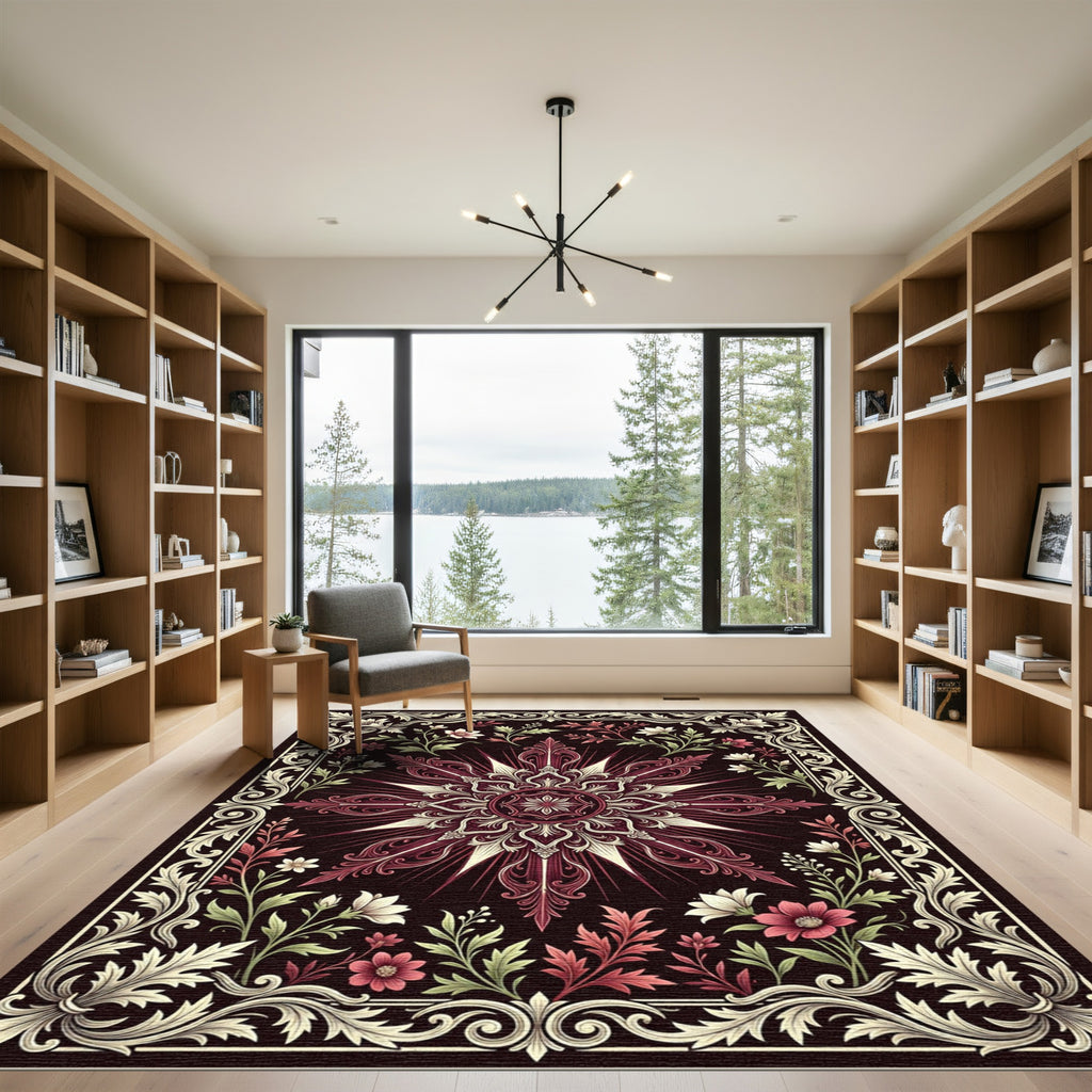 Ornate Crimson Floral Star Medallion Rug