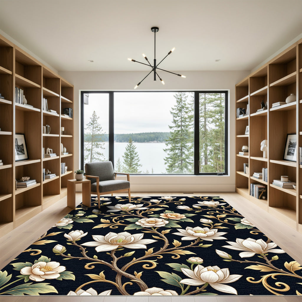 Rich Cream Magnolia Vine Pattern Rug
